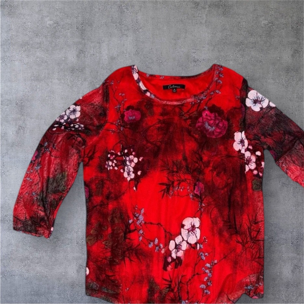 Calessa Top Shirt‎ Sheer Blouse Sz 1X Stretch 3/4 Sleeve Red Artsy Valentines